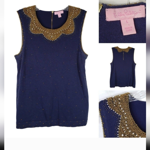 Lilly Pulitzer Navy Top With Gold Beading, Size Large - Picture 3 of 8